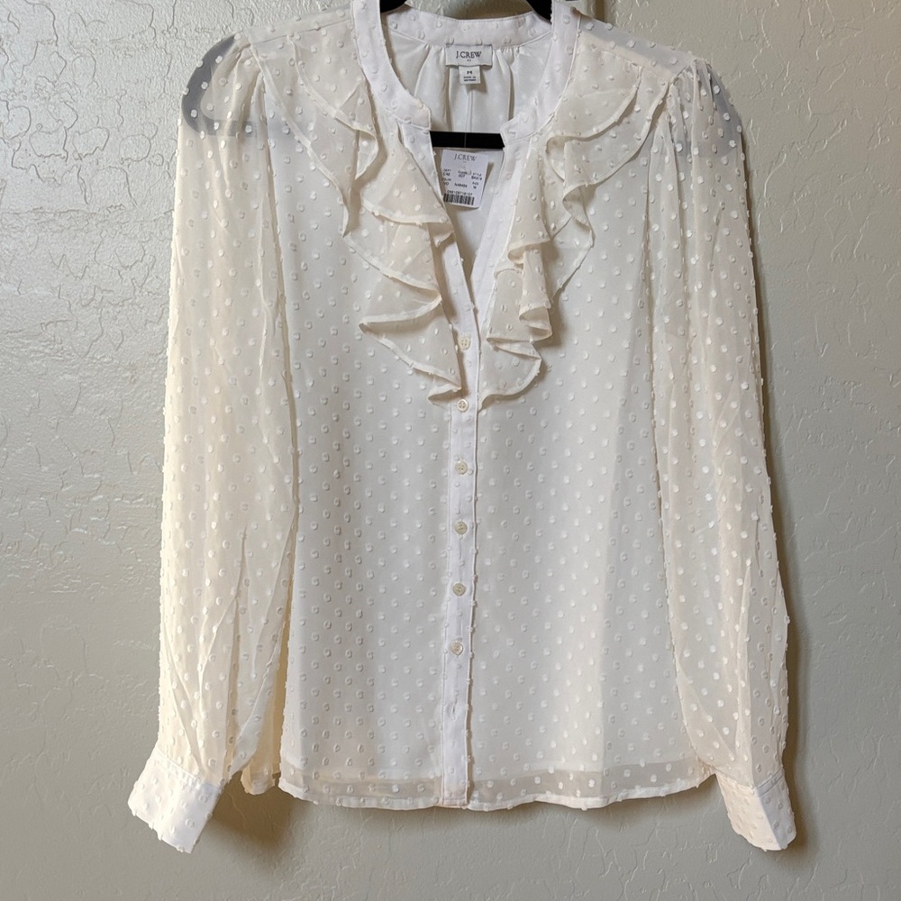 J. Crew Cream Swiss Dot Ruffle Front Blouse new with tags